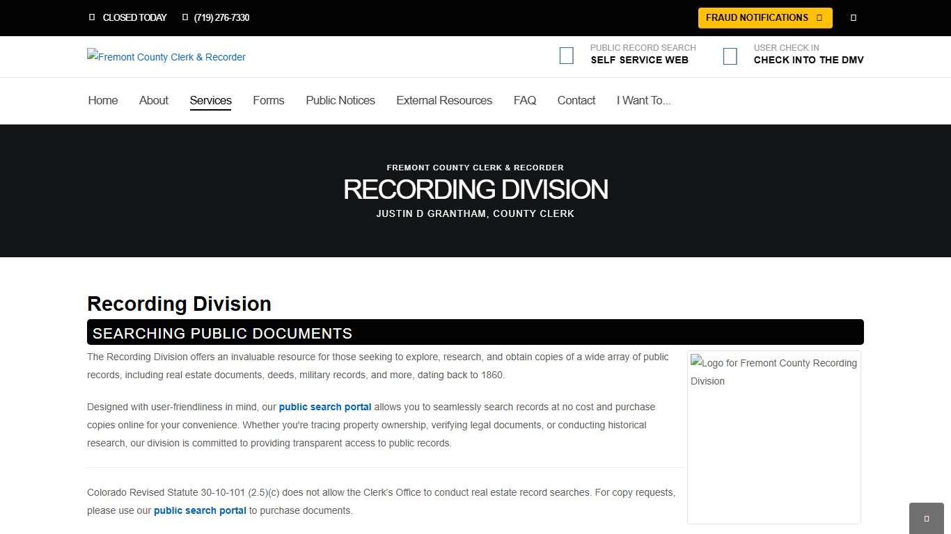Recording Division Fremont County Clerk & Recorder Cañon City, CO